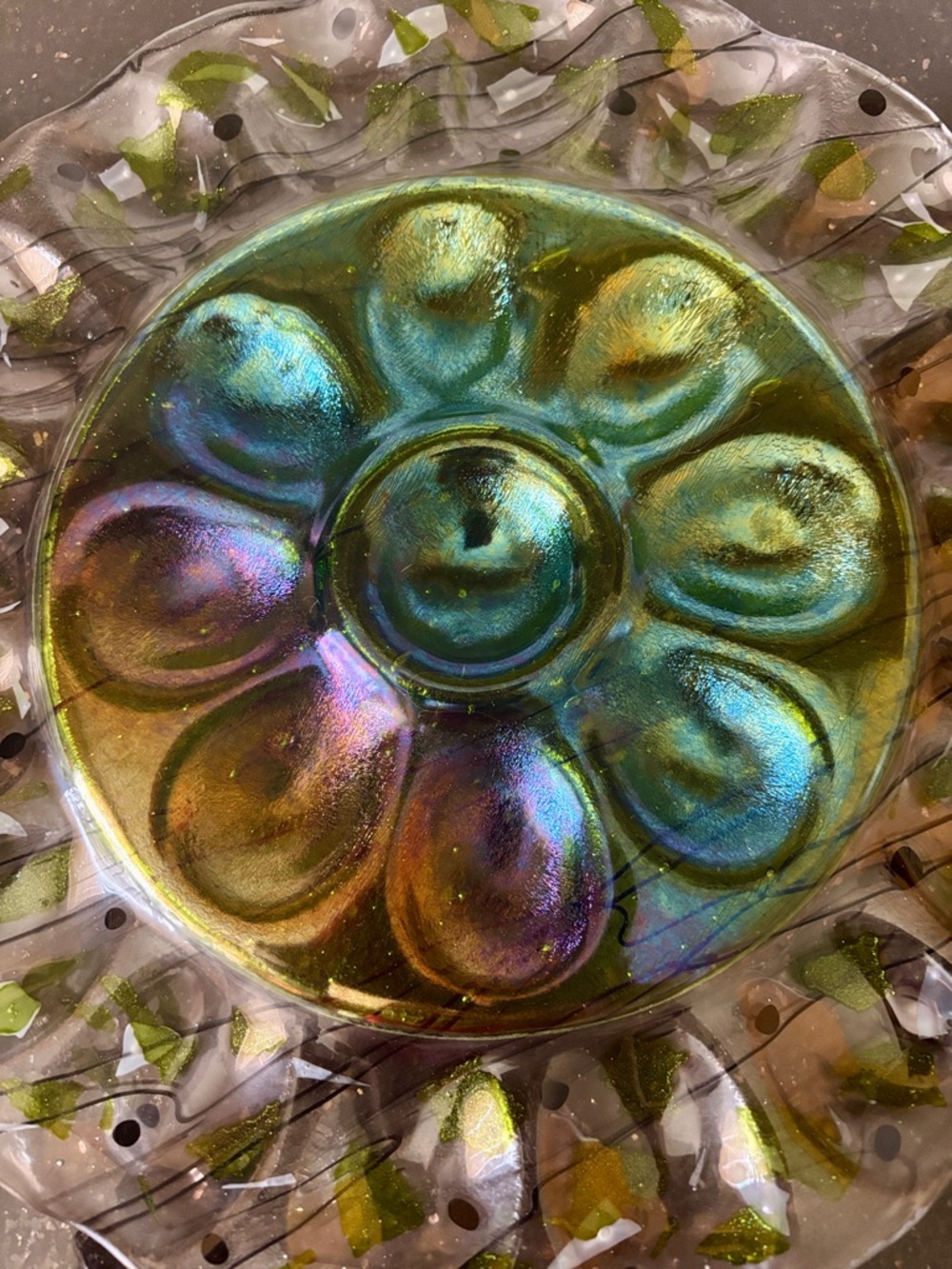 Stunning Green Fused Glass Egg Tray with Black, Green & White Confetti in Edging